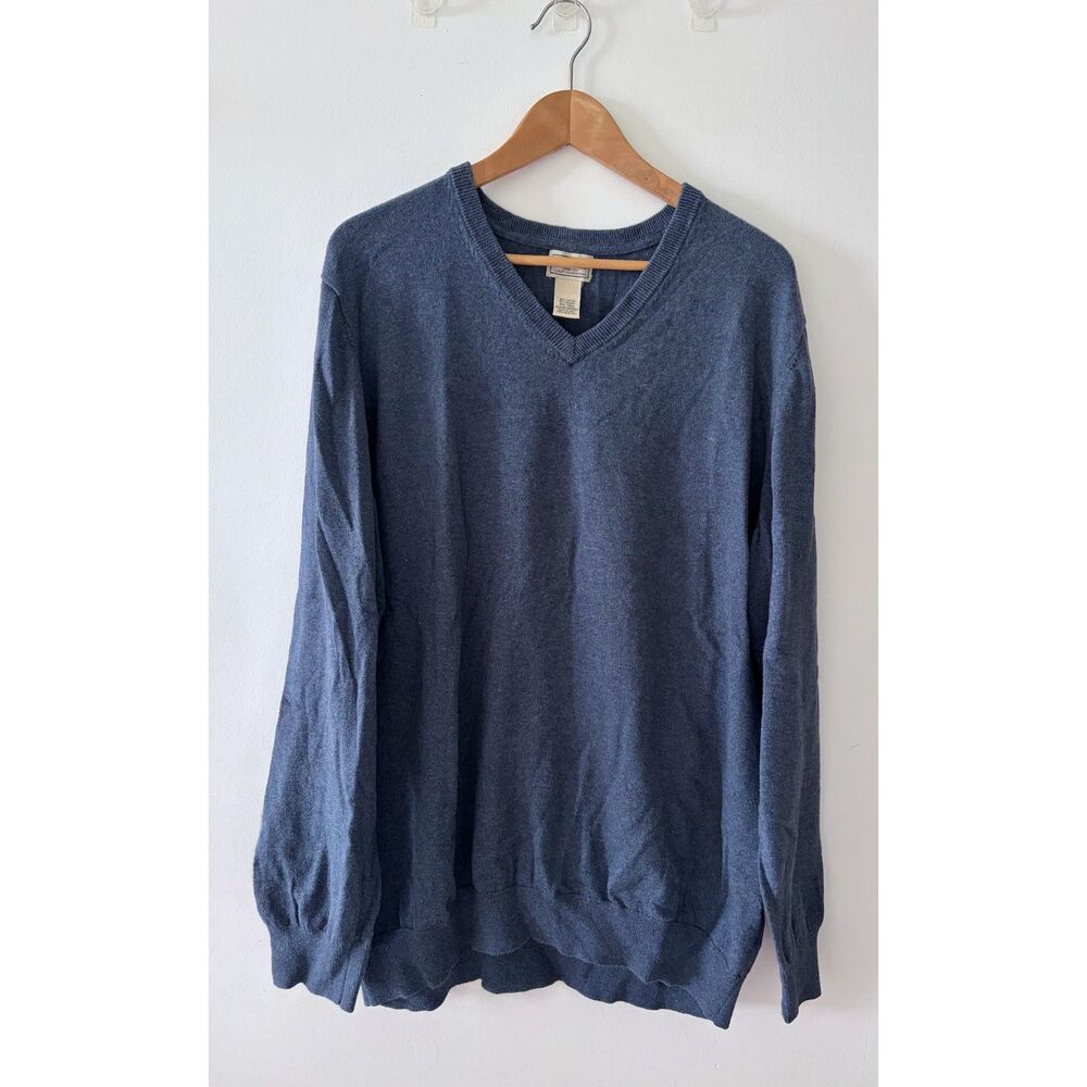 L.L. BEAN Vintage Cotton Cashmere V-Neck Blue Pullover Sweater Mens XXL Tall